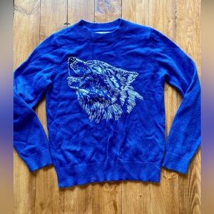 Mini Boden Blue Silver Crewneck Superstitch Sweater Howling Wolf 9/10